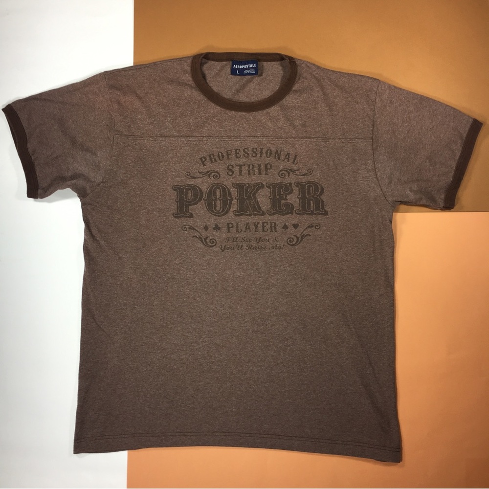 Aeropostale Strip Poker T Shirt Ringer Style Mens Large Brown Vintage Preloved